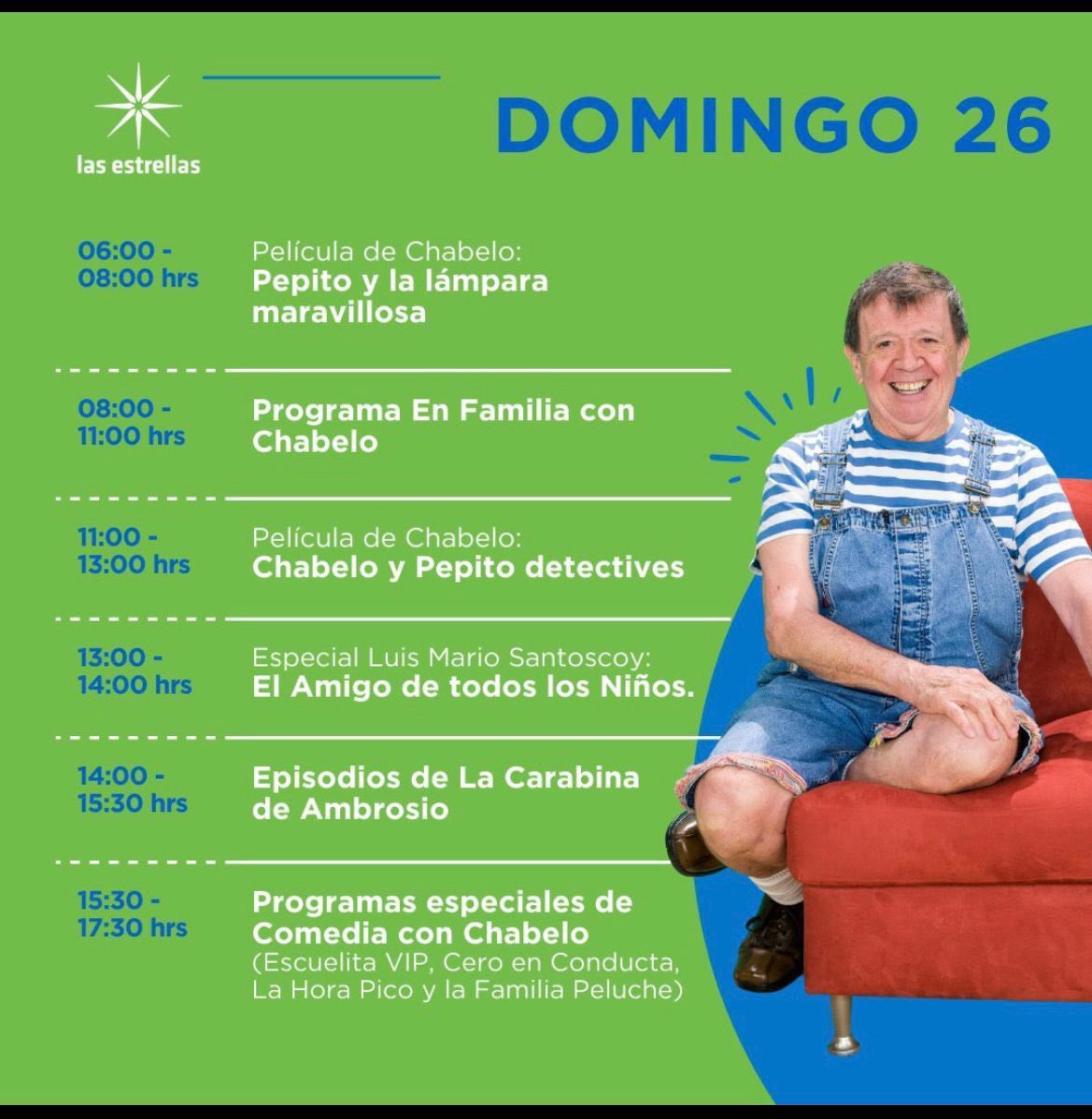 'En Familia con Chabelo” este domingo desde las #8am por @Canal_Estrellas 📺👦👧 También tendremos películas 📽️ programas como #LaCarabinaDeAmbrosio y algunos especiales más 😃Recordémoslo juntos y en familia… Además cerraremos con #Chabelo en #LaFamiliaPLuche  🎭👏🏻👏🏻👏🏻