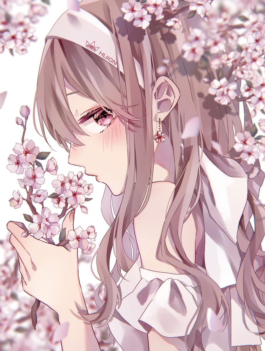 1girl solo jewelry earrings long hair cherry blossoms looking at viewer  illustration images