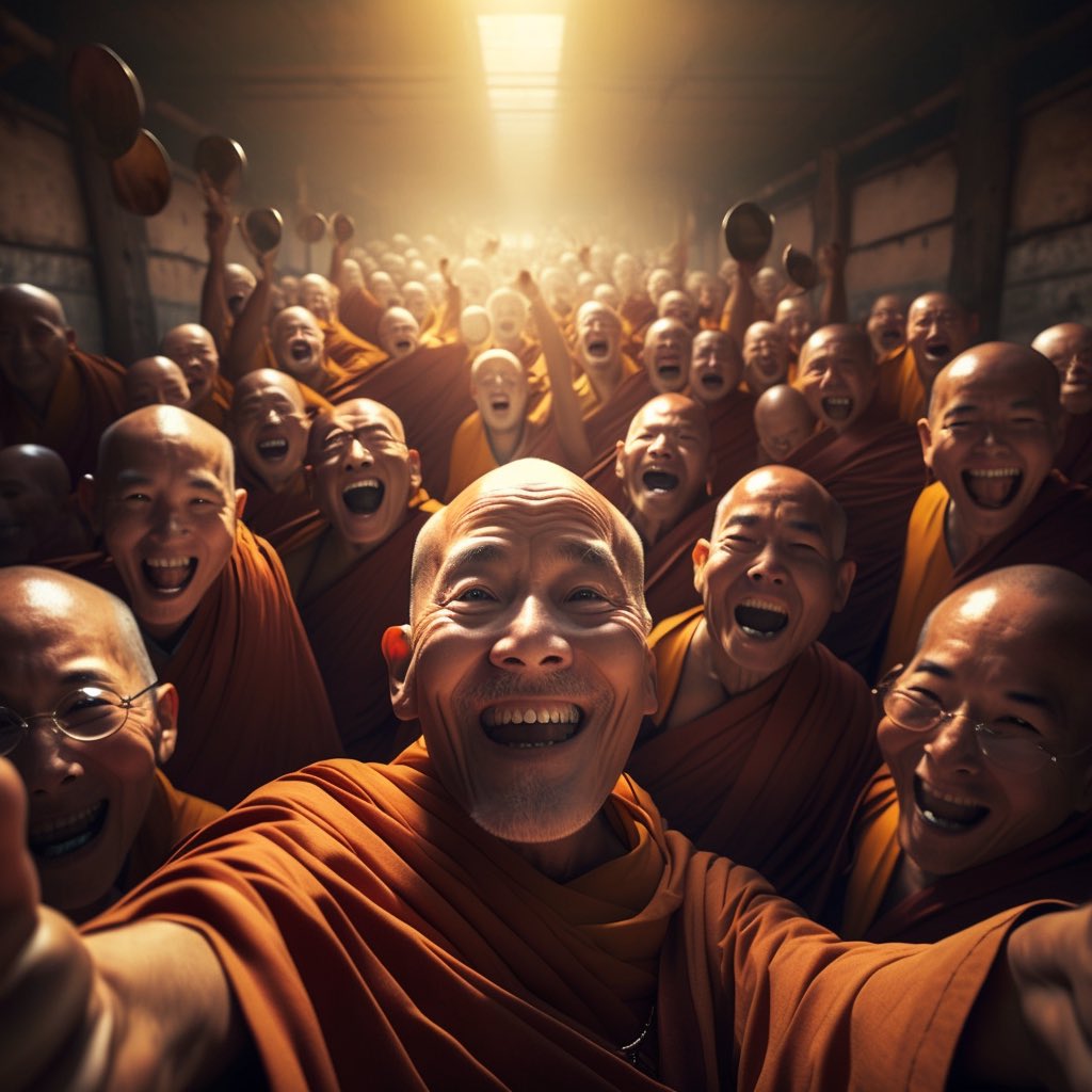 icreatelife's tweet photo. Hope this prompt will bring a smile to  yours face and a good mood for the rest of your weekend ☺️ 

Show me some selfies you generate. 

Prompt: lots of Buddhist monks taking a selfie while smiling and having fun, wide angle, Directional Light, Soft Lighting, Cinematic Hyperrealistic, 8k, Extremely Detailed, Panoramic, Dramatic, Landscape , realistic, cinematic light , 8k--v 4 --q 5