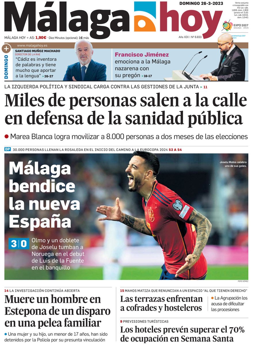 malagahoy_es's tweet photo. ¡Buenos días! Aquí os dejamos la portada de Málaga Hoy de este 26 de marzo. Sigue la actualidad de la jornada en https://t.co/1wyZ3uqWCT. #FelizDomingo #Malaga https://t.co/E9ZDNiZx0e