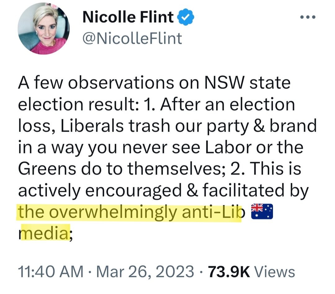 PeterWMurphy1's tweet image. &quot;the overwhelmingly anti-Lib media&quot;

Seven (Stokes), Nine (Costello) NewsCorp (Murdoch)?! Anti-Lib?! Even the SMH editorial was pro-Liberal !!! Nicolle Flint is either srsly delusional or blatantly lying. 🙄 #NSWpol #NSWVotes2023 #NSWvotes