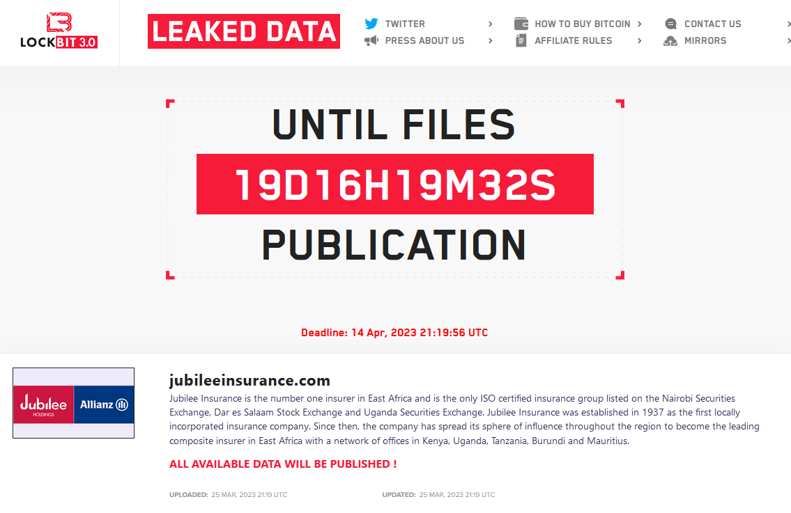 FalconFeedsio's tweet photo. LockBit #ransomware group added Jubilee Insurance (https://t.co/dNrNZo7u1b), to their victim list. They claims to have access to 662GB of company data.
#Kenya 
#DarkWeb #DeepWeb #cyberrisk #databreach https://t.co/A6A2CTYAxb