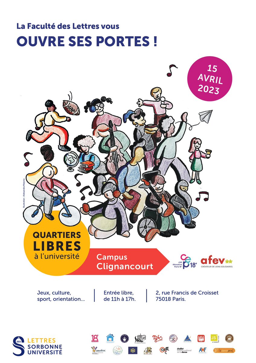 Quartiers libres à l’université - #SaveTheDate 15 avril 2023 / Pour les familles et les jeunes : découvrir le campus Clignancourt de @LettresSorbonne et profiter des nombreuses animations proposées par les associations locales 🎼🎭🤸🏽‍♂️Gratuit - entrée libre ceparis18e.org/agenda?view=ar…