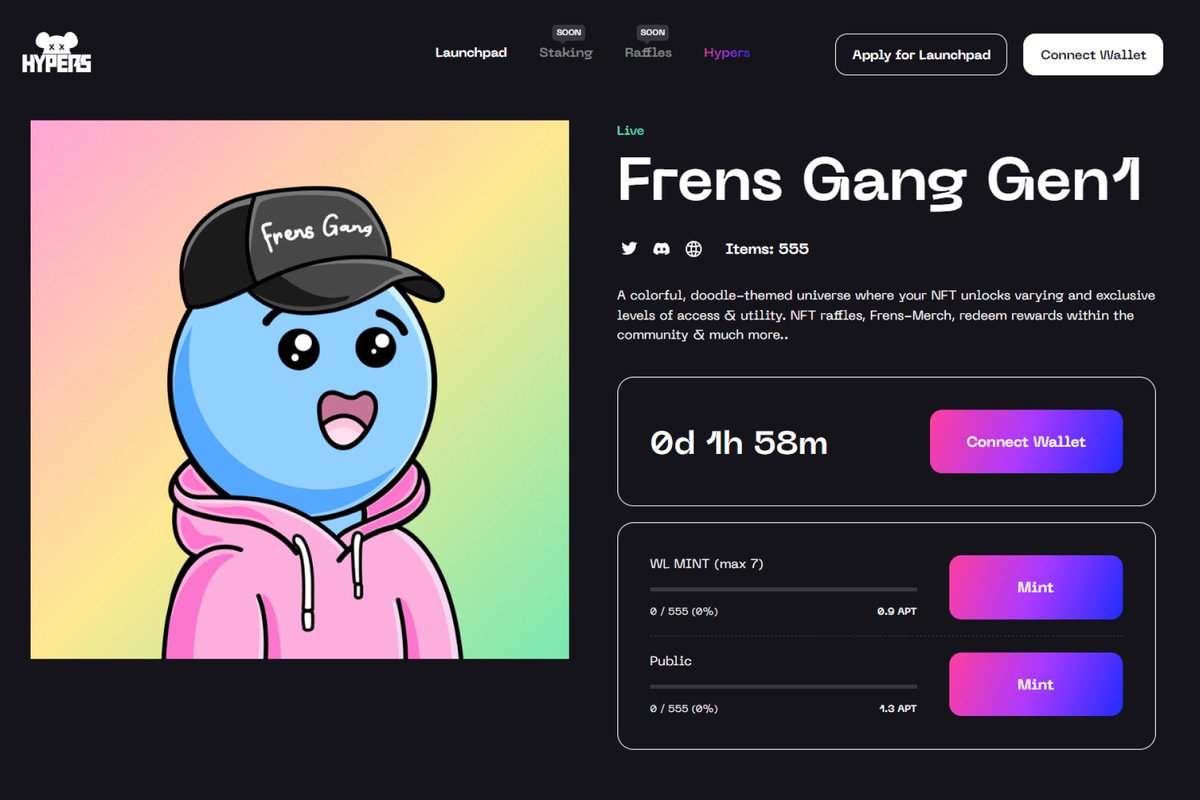 Yo #FrensGang Get Ready!🚀

Only 2 hours till mint, but what about holders benefits? 🤔

✅ Stake &amp; Earn $FRNS
✅ Community Giveaway
✅ NFT Raffles
✅ Frens Merch
✅ $FRNS + $HYPERS Airdrop
✅ WL for Future Drops &amp; Partner Projects

👉 hypersplatform.com/frens-gang