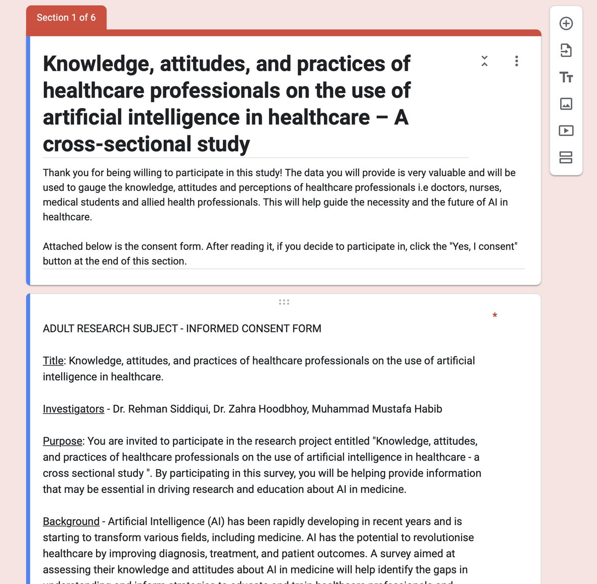 Rehman Siddiqui (@rehmansiddiqui) on Twitter photo 🚨 Are you a healthcare worker 🏨 in Pakistan🇵🇰?
Please help us complete this online survey. It will only take 5 minutes.
<a href="/srf_aku/">Student Research Forum</a>
@oig_aku
<a href="/sig_aku/">Surgery Interest Group</a>
<a href="/AKUGlobal/">Aga Khan University</a>
forms.gle/Wz1T4RK7UtCqMX… 🚨 Are you a healthcare worker 🏨 in Pakistan🇵🇰?
Please help us complete this online survey. It will only take 5 minutes.
<a href="/srf_aku/">Student Research Forum</a>
@oig_aku
<a href="/sig_aku/">Surgery Interest Group</a>
<a href="/AKUGlobal/">Aga Khan University</a>
forms.gle/Wz1T4RK7UtCqMX…
