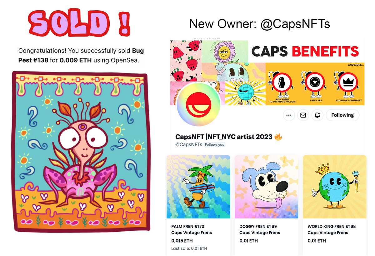 💜🎉 SOLD!! 🎉💜 😍🎊
Bug Pest #138 found a new friend! 🥳🐛
A huge thank you to you <a href="/CapsNFTs/">Caps │ 🔴</a> for welcoming my Bug on your garden!🪲 🙏🙏😘
I’m sure it will be very well with you!!! 

✨Follow and support this great artist and supporter!!✨