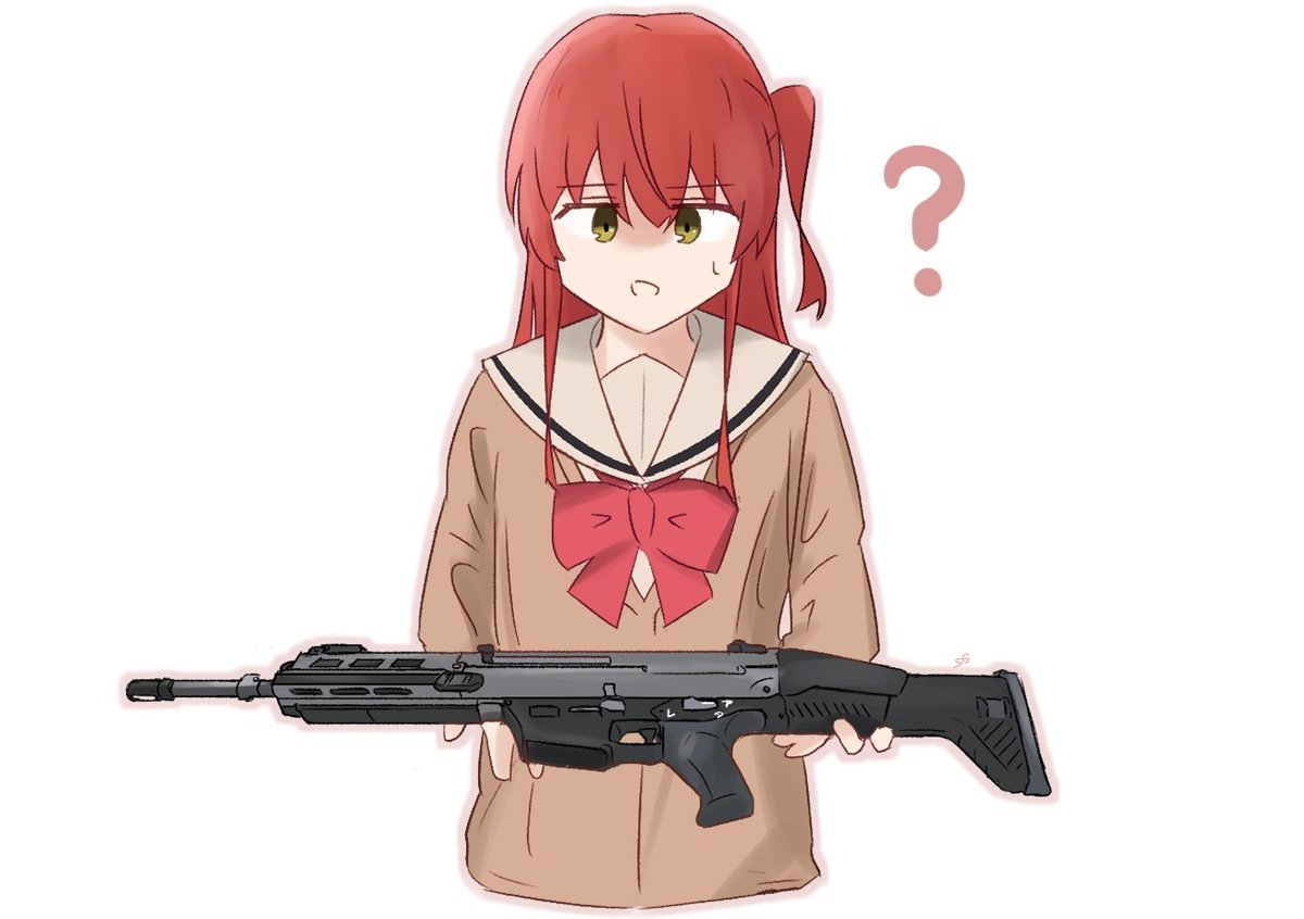 1girl red hair weapon solo gun school uniform ?  illustration images