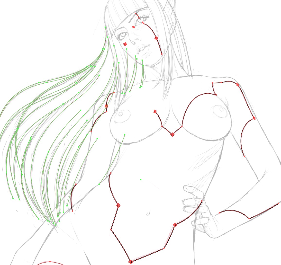 イラレのペンツールで描いたベジェ曲線はクリスタにコピペでき、それを定規として使えます。クリスタにも定規ツールがありますが、イラレのほうが使いやすいので髪の毛はこれでやりました。
※クリスタにペーストした際には「定規・コマ枠 > ベクターから定規」を選択して「ラスタライズ」も選択する 