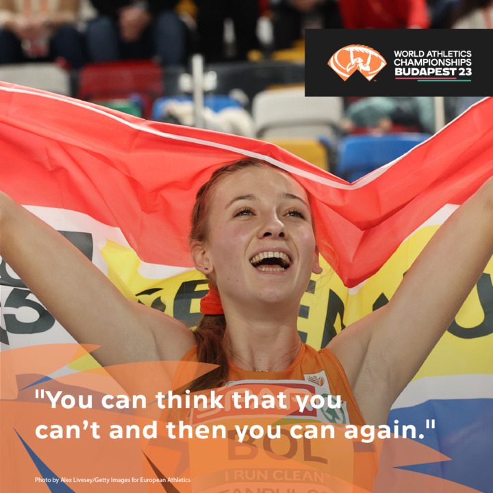 wabudapest23's tweet photo. Dominating women's 400m dash, Dutch athlete Femke Bol set new indoor WR with a smile this spring and could make history at the WCH #Budapest2023. Her positivity reminds us that a smile can go a long way. Read more about the 23 yrs old superhero: https://t.co/FM5WIIJriA https://t.co/MBl1X5IIqm