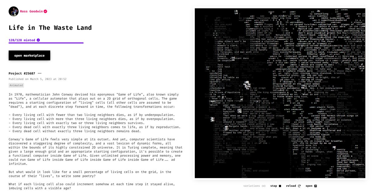 sanjrow's tweet image. #fxhash で作品を探索するだけでも十分に楽しめる。たまたま見かけたRoss Goodwin氏のこの作品。ライフゲームとTSエリオットの「荒地」の組み合わせ!なんてクールなんだろう。きれいなグラフィックの表現だけが #GenerativeCoding ではない。
gateway.fxhash2.xyz/ipfs/Qmbm32CfC…