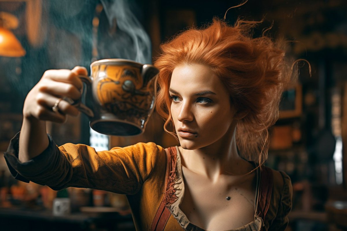 Diana_Deedeee's tweet photo. #GM guys, start your days with magic #Coffee, complimentary of Triss Merigold. 

#AI #midjourney #TheWitcher #aigeneratedart https://t.co/DjuWHfhSnZ