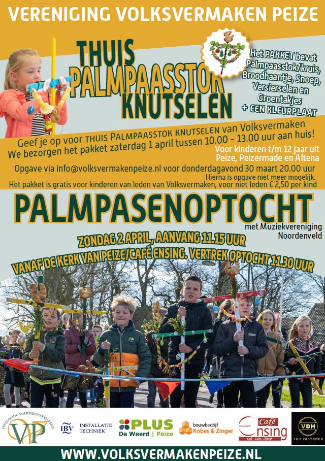 Volgende week is het Palmpasen en dat betekent knutselen en de Palmpaasoptocht lopen samen met Muziekvereniging Noordenveld.
Wil je één of meerdere pakketjes bestellen voor je kinderen, doe dit dan tot uiterlijk donderdagavond 20.00 uur. Voorkom teleurstelling en bestel op tijd.