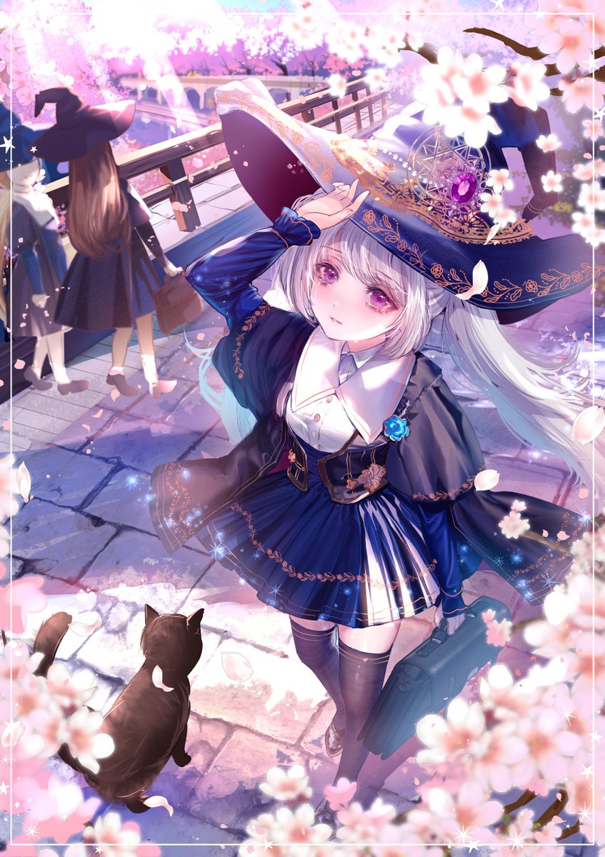 hat witch hat cat multiple girls thighhighs long hair black cat  illustration images