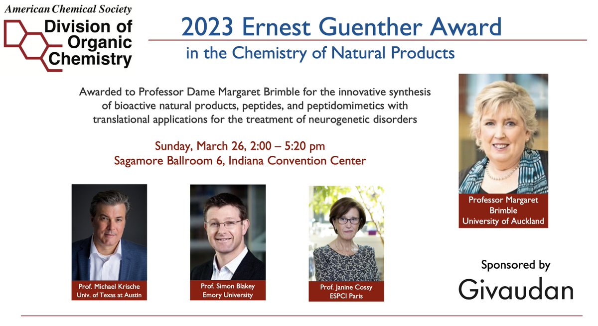 Congratulations to Margaret Brimble - recipient the 2023 Guenther Award in Natural Products Chem. Join us in honoring Margaret at the hybrid symposium hosted by @ACSOrganic TODAY at #ACSSpring2023 - in the Sagamore Ballroom 6. #WomenInSTEM @BrimbleM @SimonBBlakey @KrischeLab