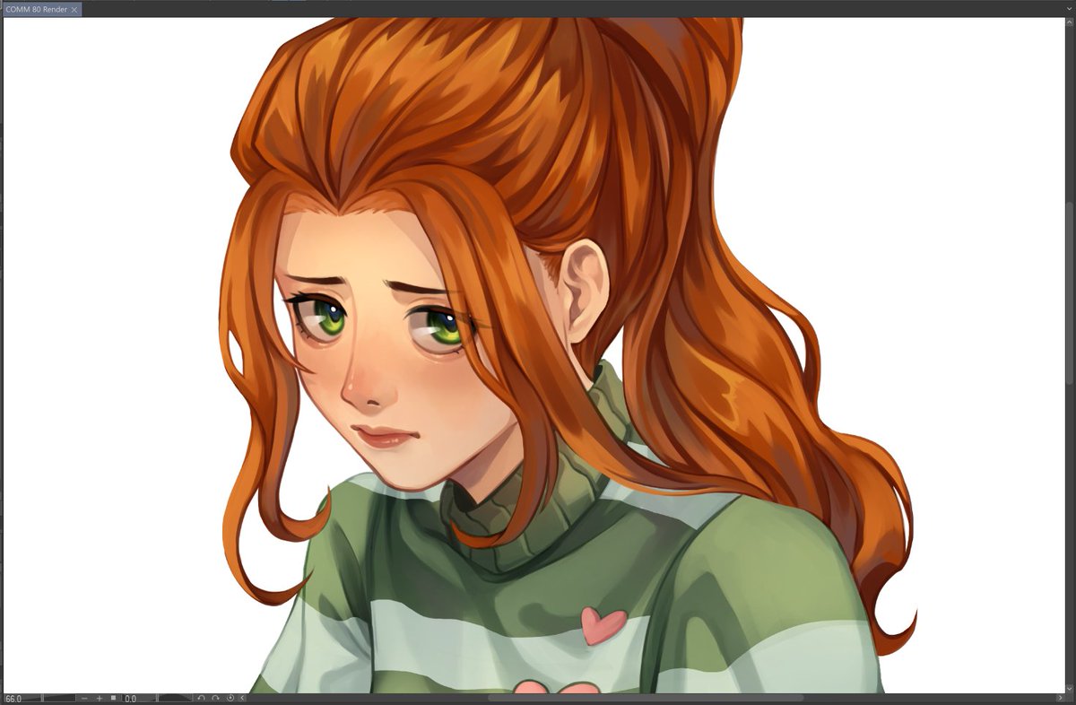 1girl solo green eyes ponytail sweater long hair orange hair  illustration images