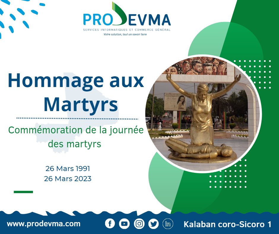 prodevma's tweet image. En cette journée du 26 mars, nous rendons hommage à tous les martyrs des années 91.

Nous ne cesserons de vous dire merci pour avoir tout donné dans l’unique objectif de nous permettre de vivre un avenir meilleur. 

#26Mars #Journeedesmartyrs #Prodevma #gps #tracking #bamakomali