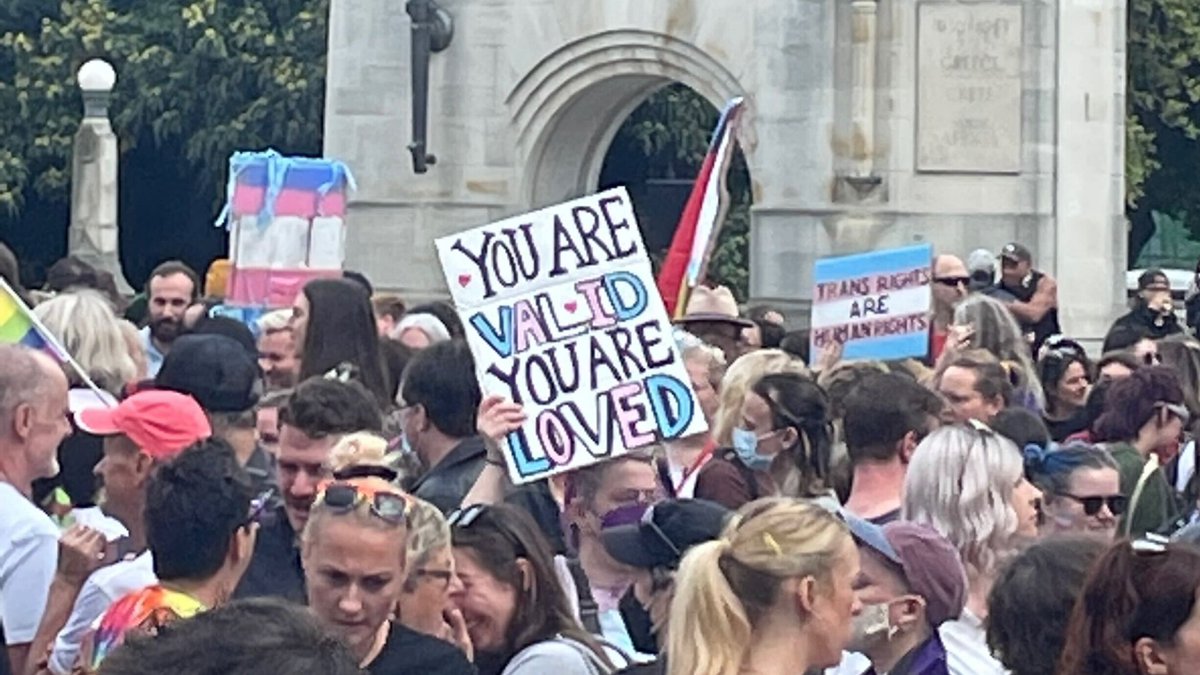 In Ōtuatahi today, over a thousand protesters gathered against anti-trans politics. Destiny Church attempted to mobilize against them and gave up, utterly drowned out and outnumbered.
