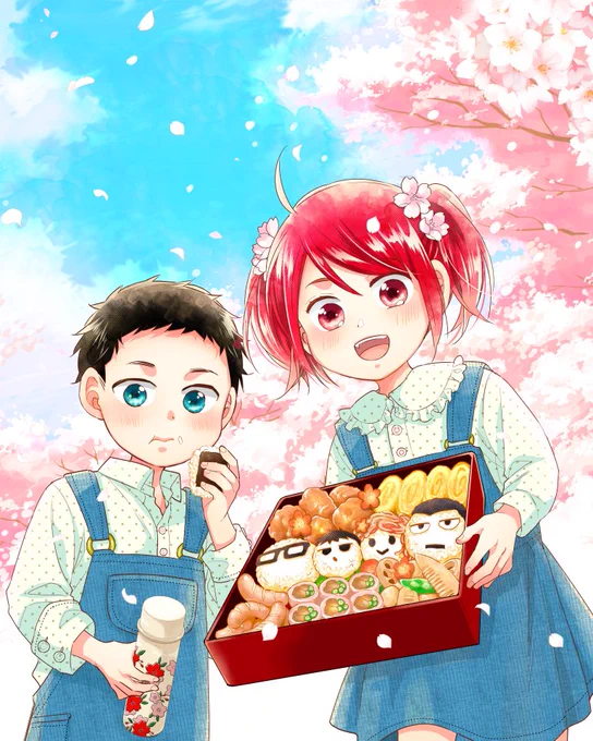 パパと親父のウチご飯のお花見絵 パパ飯は雑誌連載だったので未収録のカラーが結構あるな  #パパ飯 