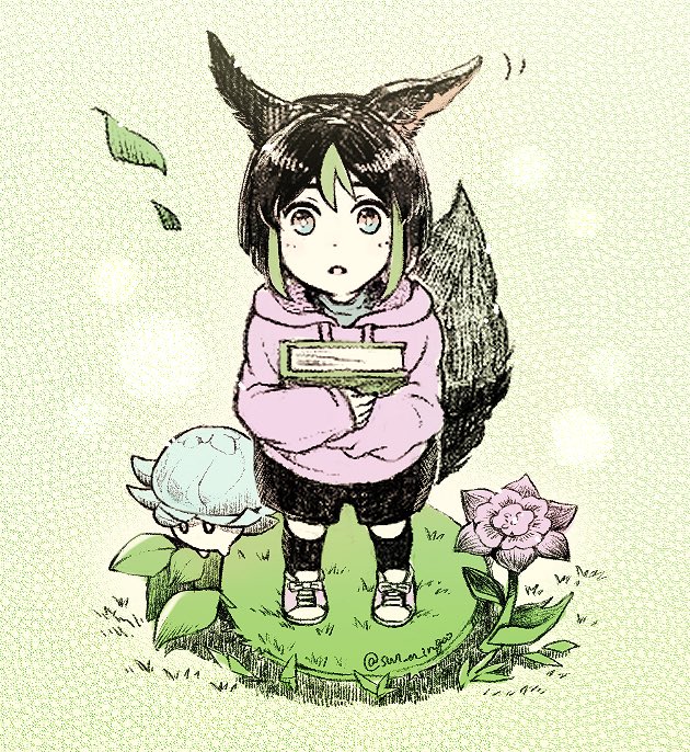 animal ears green hair tail fox boy 1boy flower male focus  illustration images