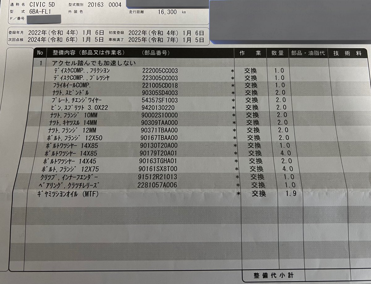 ytkbo's tweet photo. 【完全復活！】
年始から不調だったシビックが2回の入退院を終えて先程帰ってきました

やはり原因はクラッチの滑り...

まだ1.6万kmしか乗ってませんが🥹

乗り方ではなくそもそも不具合品だった可能性が高いとのことで、外したパーツは報告書と共に後ほど技研に送られるそうです https://t.co/JfJTfXZtrh