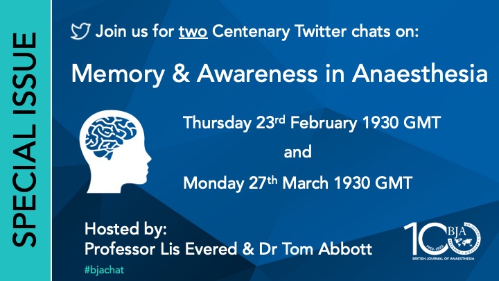 British Journal of Anaesthesia (@bjajournals) on Twitter photo TOMORROW! To celebrate our Special Issue on Memory & Awareness in Anaesthesia we are holding Twitter Chats with authors of papers in this issue, hosted by <a href="/LisEvered/">Lis Evered</a> & <a href="/_tomabbott/">Tom Abbott</a> Join us on 27th March #bjachat #anaesthesia #perioperative #memory TOMORROW! To celebrate our Special Issue on Memory & Awareness in Anaesthesia we are holding Twitter Chats with authors of papers in this issue, hosted by <a href="/LisEvered/">Lis Evered</a> & <a href="/_tomabbott/">Tom Abbott</a> Join us on 27th March #bjachat #anaesthesia #perioperative #memory