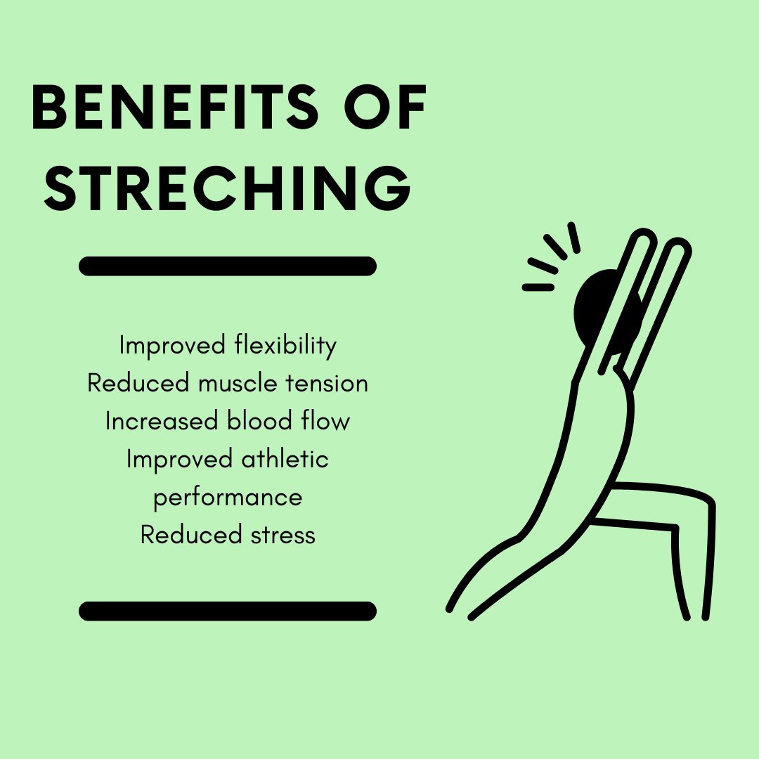 How can stretching help your body? Improved flexibility, reduced muscle tension, increased blood flow, better athletic performance, and reduced stress! #StretchingBenefits #HealthyBody