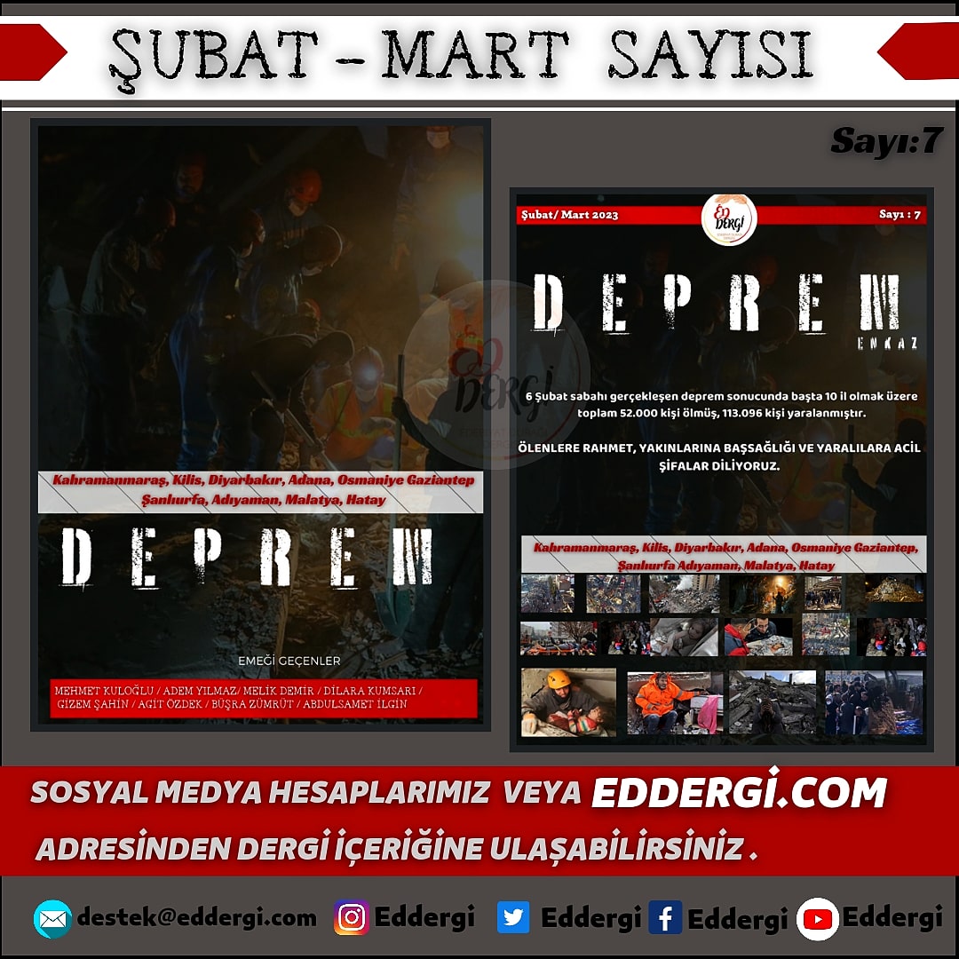 eddergi's tweet photo. ✨7. SAYIMIZ YAYINDA ✨
https://t.co/PW2UWRCVtF
Değerli okurlarımız, 
6 Şubat merkez üssü Kahramanmaraş olan, bizleri birer duygusal çöküş, ruhsal ağrı, psikolojik travmaya sürükleyen depremin ardından hazırlarken özelikle duygusal anlamda çok zorlandığımız bir sayıdır.
⬇️ ... https://t.co/NmCJtIPqBF