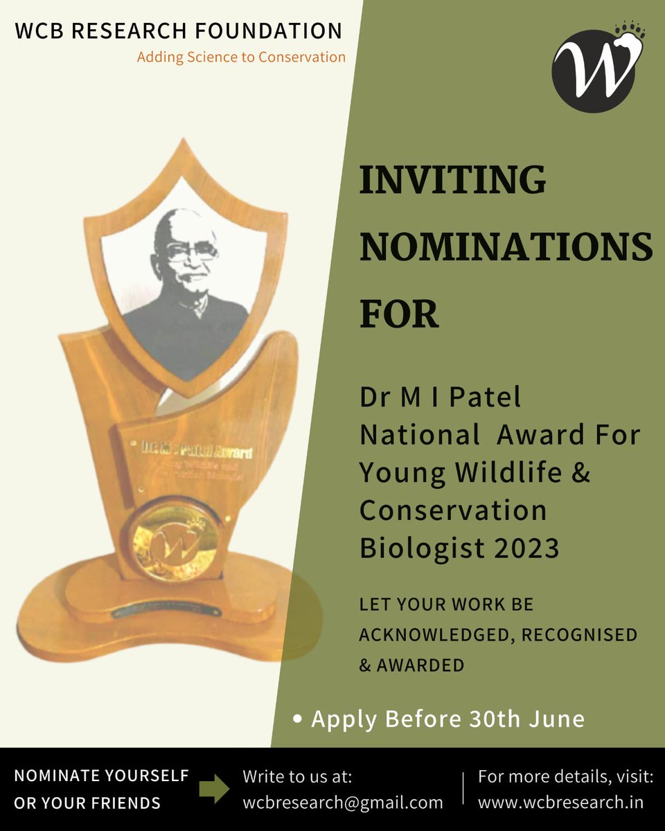 WcbResearch's tweet photo. Are you a wildlife biologist or conservationist who has made significant contributions to your field? Do you want your hard work to be acknowledged, recognized, and awarded? If so, apply for the MI Patel Award before June 30th, 2023.
#wildlife #conservation
#science #biology https://t.co/Uip6MCvlqd