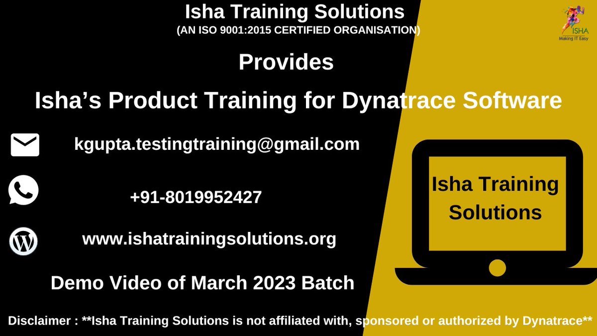 IshaKumargupta's tweet image. “Isha’s Product Training for Dynatrace Software” Demo Video
youtu.be/YG5nX5vcC0o
Enrolments are still in progress
For further proceedings pls Call/WhatsApp @ +91-89779 22427 / +91-8019952427 
#dynatrace #appdynamics #peformancetesting #loadrunner #engineeringexcellence
