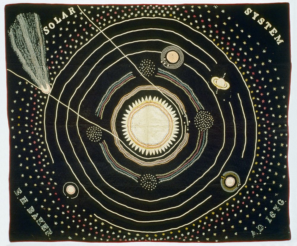 womensart1's tweet photo. 'Solar System' map quilt by Ellen Harding Baker of Cedar County, Iowa, US in 1876, used as a teaching aid for her lectures on astronomy in the small towns of her state #WomensArt https://t.co/MnQWg4QoGw