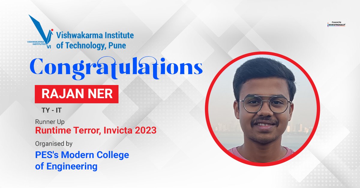 vit_college's tweet photo. Join us in celebrating the outstanding achievement of Rajan Ner, a talented TY-IT student, who has been crowned the Runner Up of Runtime Terror at Invicta 2k23!
#VIT #Invicta2k23 #RuntimeTerror #TYITStudent #RunnerUp #HardWorkPaysOff #SuccessStory #VITPune https://t.co/0jiH4SJYJ7