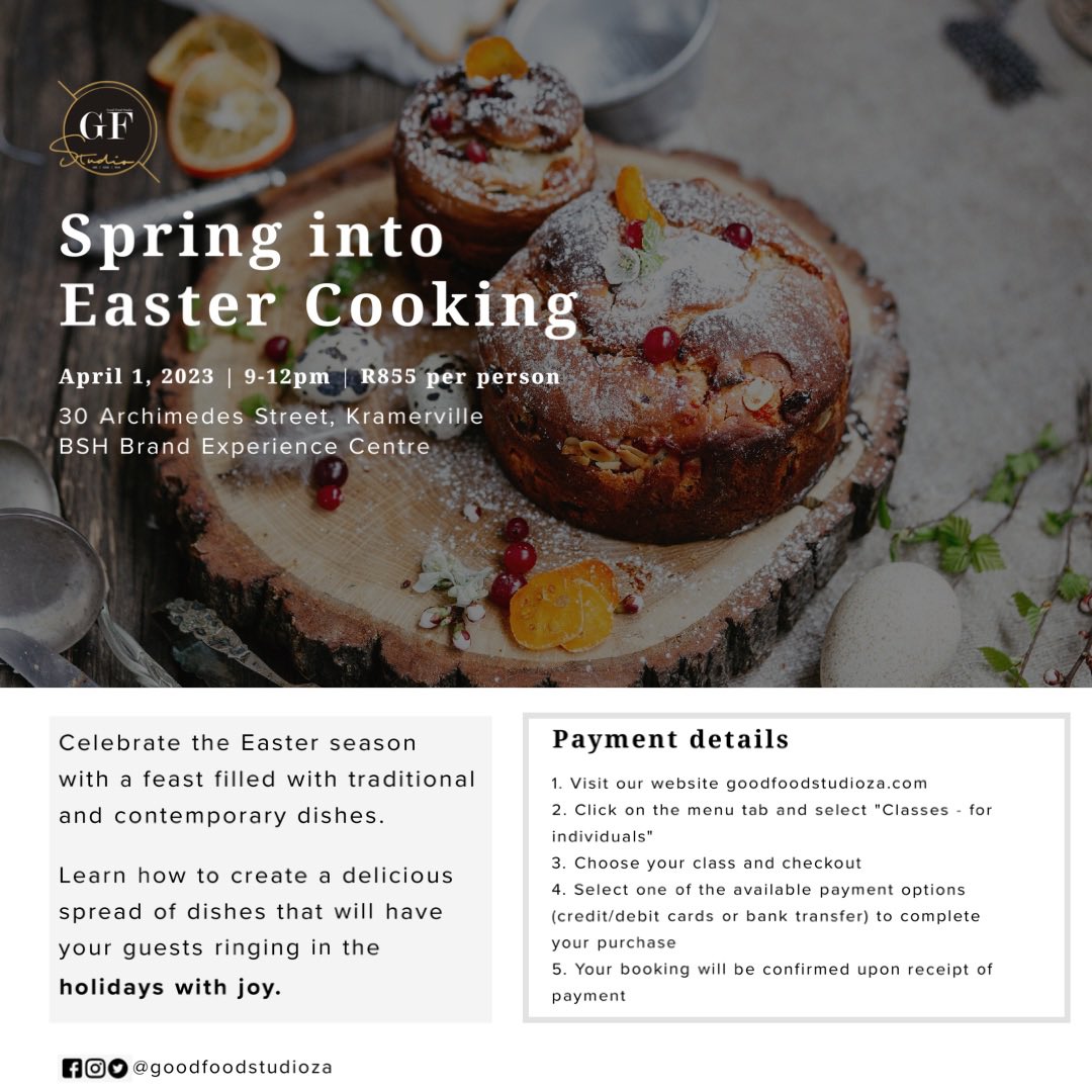 lee_mokonyane's tweet photo. 📣📣

🧆 Easter Cooking Class 
- 

Fill your home with the scents of simnel cake and homemade buns.

This is a hands-on class where participants will learn how to cook various delicious treats for the Easter season.

Tickets link and more details below: https://t.co/2tFK3xnwSE