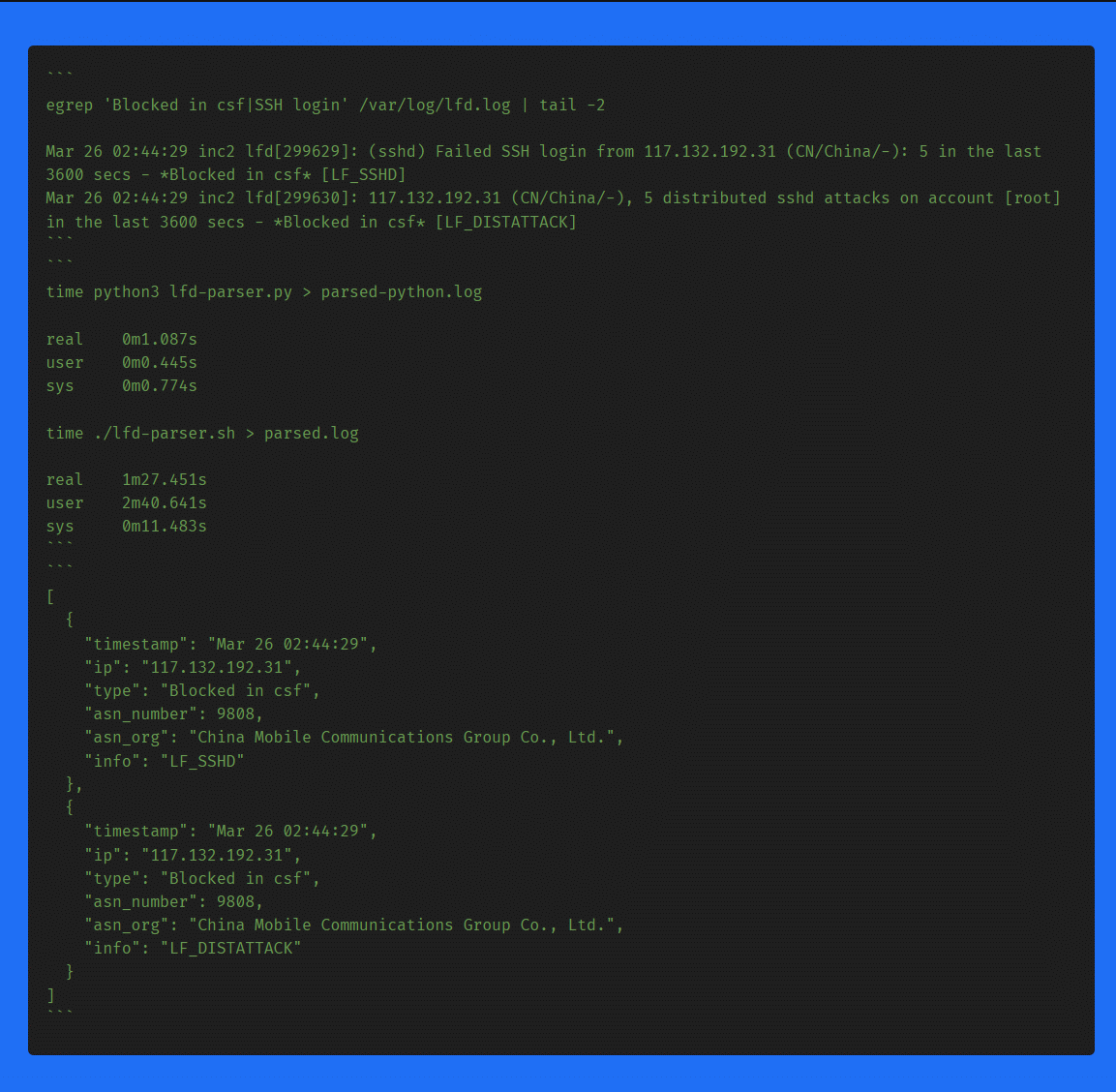 centminmod's tweet photo. Using ChatGPT to convert Centmin Mod shell script to faster Python version parser of CSF Firewall LFD log entries to add IP's ASN info via local lookup of MaxMind GeoLite2 ASN database 🤓😎 #CentminMod #CSFFirewall #Python #ChatGPT #chatgpt4 #linux #devops #sysadmin https://t.co/I3UJiP0sL0