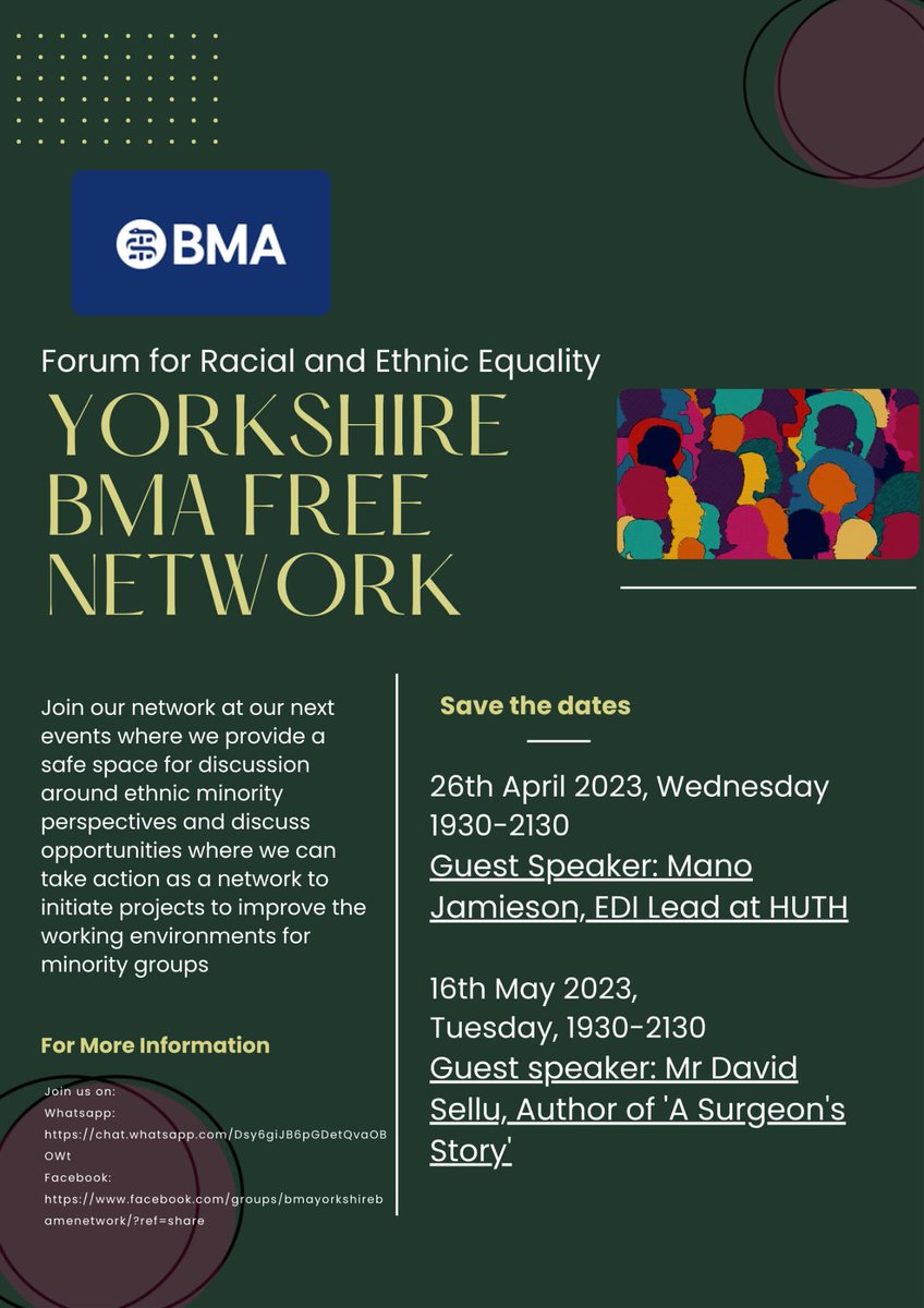 Join us at our upcoming @BMARaceEquality network events with some excellent guest speakers!   events.bma.org.uk/bma-yorkshire-… (26th April link) events.bma.org.uk/bma-yorkshire-… (16th May link) @YorksHumberBMA