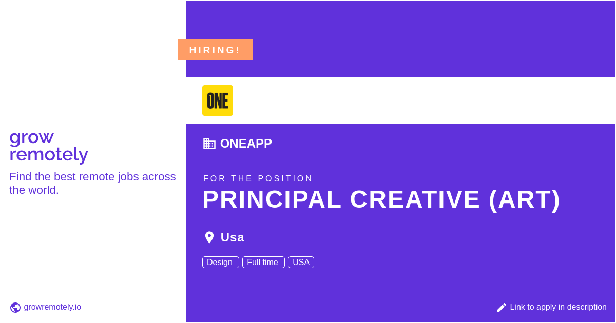 growremotelyio's tweet image. Check out this job at Oneapp for the position Principal Creative (Art).

 Apply link: growremotely.io/?id=641f8e230c…

#hiring #remotejobs #Oneapp #Design