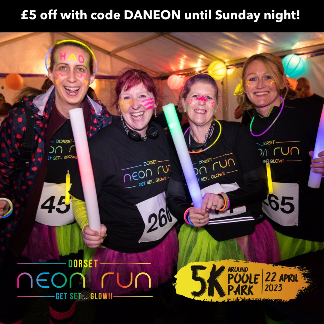 Do you and your mates want to sign up for the Dorset Neon Run? 

Sign up this weekend (by 23.59 tonight!) and get £5 off use code DANEON

dorsetneonrun.com