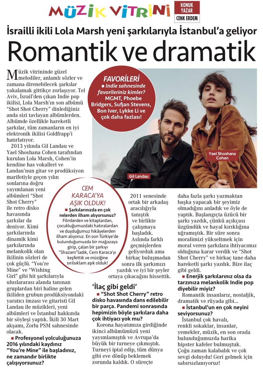 psychocenk's tweet photo. Indie pop ikilisi #LolaMarsh, 30 Mart akşamı, Zorlu PSM sahnesinde. İkilinin prodüksiyondaki yaratıcı imzası ve gitaristi Gil Landau ile müzikleri, yeni albümleri ve İstanbul hakkında konuştuk. #MüzikVitrini
https://t.co/Jnp3c4bEpi https://t.co/FkSidVyVWB