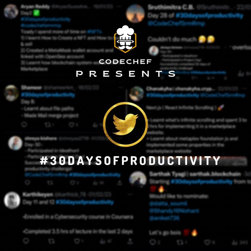CodeChefSrmRmp's tweet image. Boost your productivity⚡and achieve your goals 🏹with us! Join our 30 Days of Productivity &amp;amp; unlock your full potential💯. 
Open to all college students at SRM IST Ramapuram. 
Let&apos;s crush those to-do lists together💥
#30daysofproductivity 

Rules below 👇