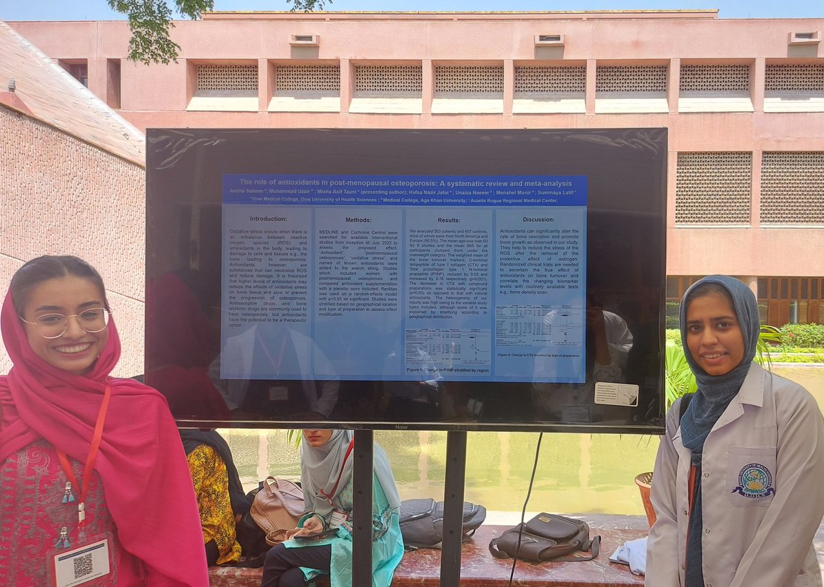 <a href="/misha_tauni/">Misha Tauni</a> and <a href="/NaeemUnaiza/">Unaiza Naeem</a> done with presenting their Systematic Review and Meta Analysis on the Role of Anti-Oxidants in Treating Post Menopausal Osteoperosis! #ISRC23 #MedEd