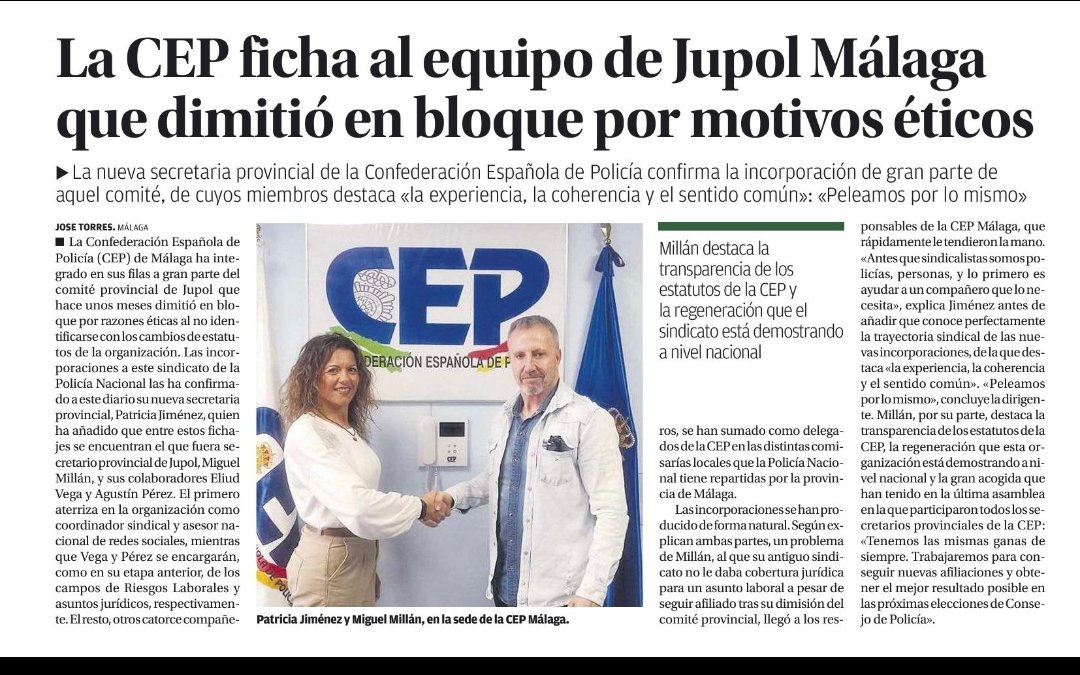 Entrevista a Patricia Jiménez secretaria Provincial de <a href="/cep_cepolicia/">CEP</a> #Malaga  y el coordinador de #CEP <a href="/MigueSub/">*M.A.M.A*</a> en la <a href="/opiniondemalaga/">La Opinión de Málaga</a> por <a href="/jotrres/">jose torres 🌊</a> 
#RegeneracionCEP
#CEPtusindicato
<a href="/cep_cepolicia/">CEP</a>

laopiniondemalaga.es/malaga/2023/03…