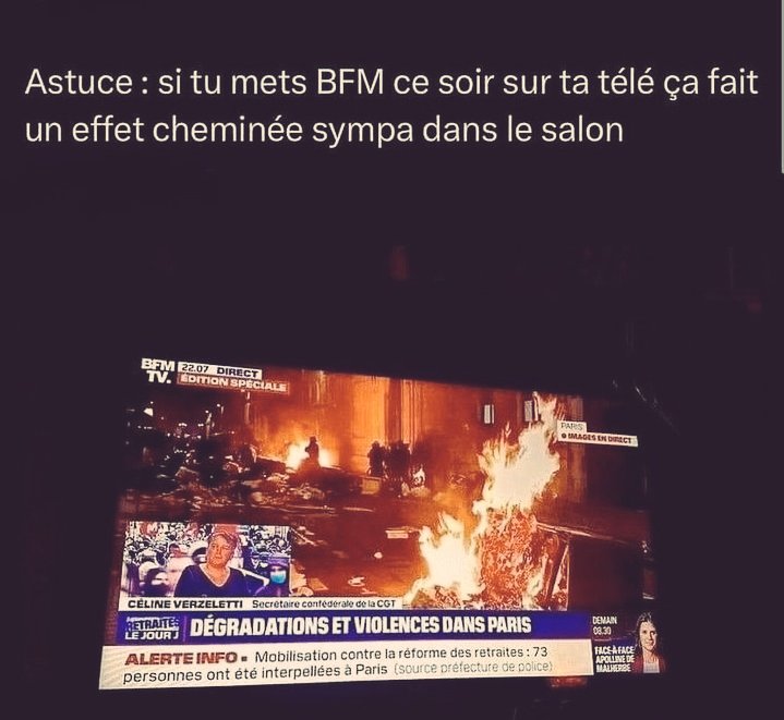 thibaud1453's tweet image. 💡 Suggerimento
💡consiglio : 

Se stasera metti BFMTV sul tuo televisore, crea un piacevole effetto camino nel soggiorno.

#FrenchCONTEST
#FrenchPROTEST sans ❌ violence ni 🔥ni ⚒️
