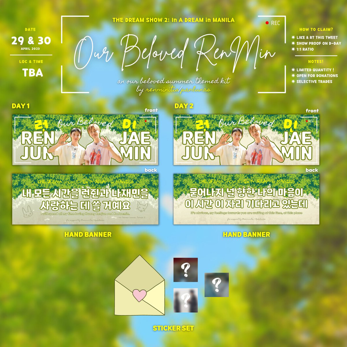 renminitis's tweet photo. ₊ ˚ ☼ Our Beloved RenMin ˚ ₊ ☁︎

⤷ an Our Beloved Summer themed fan support kit for Huang Renjun &amp; Na Jaemin in #TDS2inMNL / #THEDREAMSHOW2_in_MANILA !

☼ rt &amp; like this tweet
☼ show proof on d-day
☼ 1:1 ratio, limited qty
☼ open for donations &amp; trades (selective) https://t.co/mLn3wa4xi7