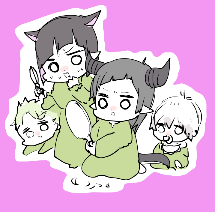 multiple boys scissors mirror pointy ears animal ears tail horns  illustration images