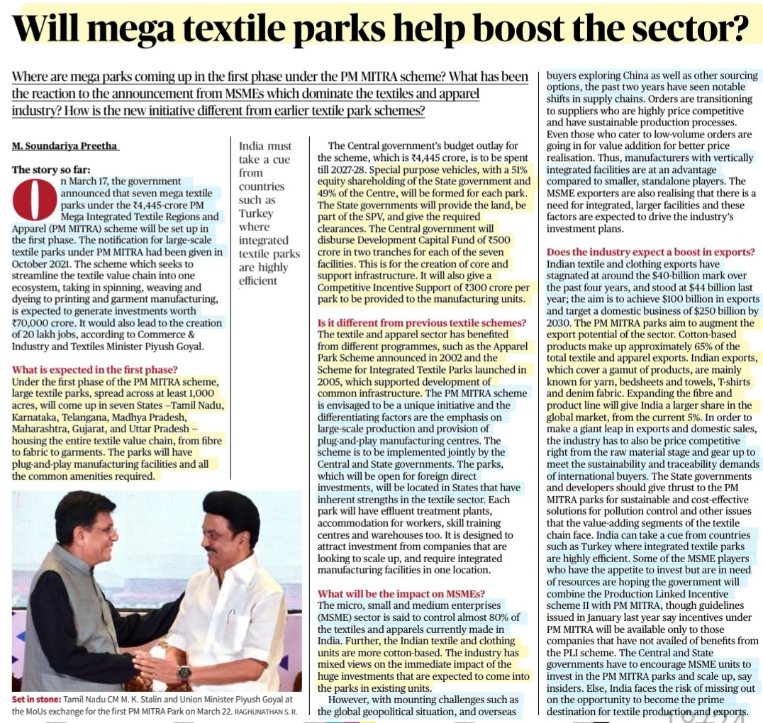 imRavikantYadav's tweet photo. 'Will Mega Textile Parks help boost the sector?
Mega Integrated Textile Regions & Apparel :#pmmitra scheme
:Explained
#MegaTextileParks #Textile #Scheme #Export #apparel
#Trade #economy
#UPSC #UPSC2023
Source: TH https://t.co/Eh4ESqmRGb