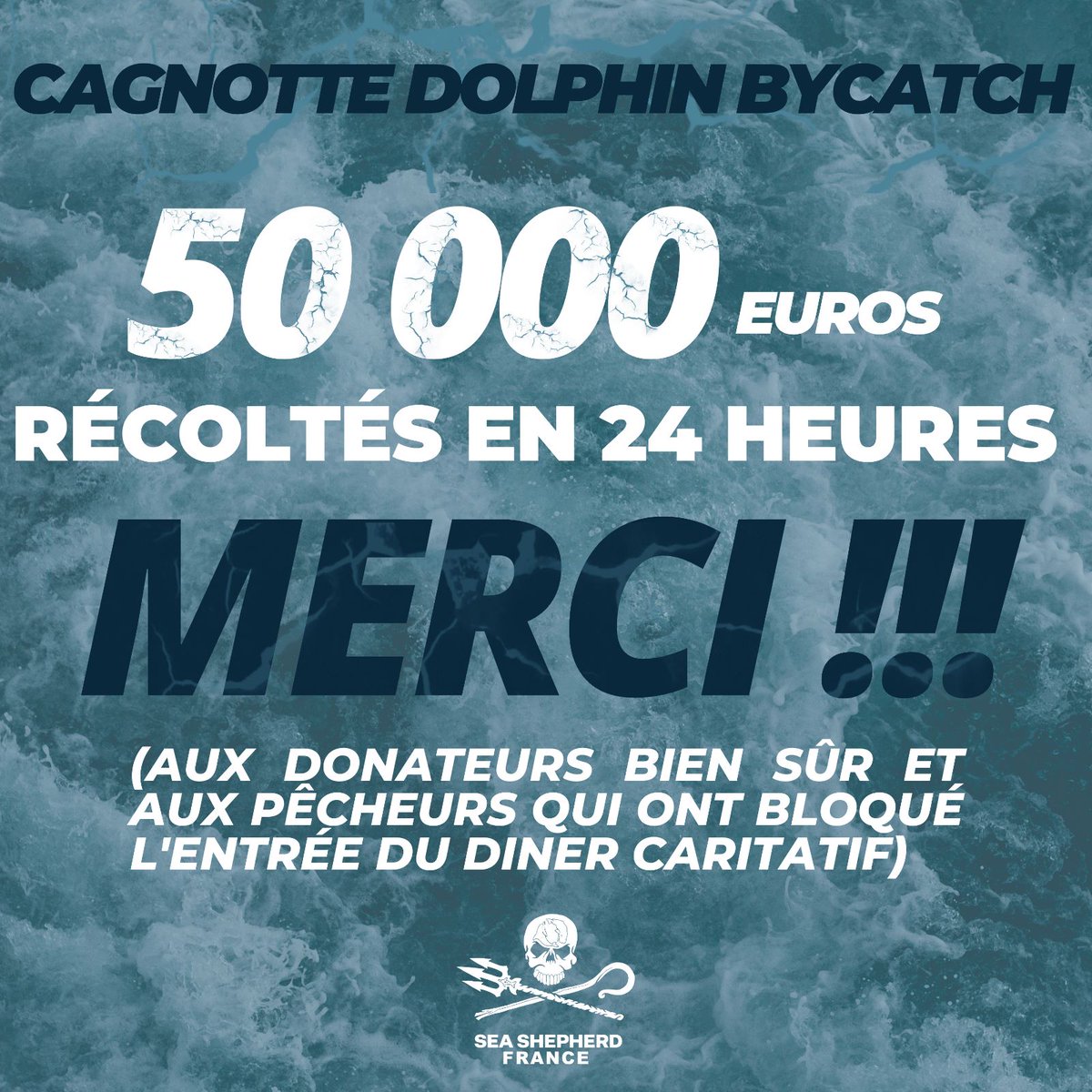 MERCI à tous celles et ceux qui ont participé !! Merci à <a href="/hugoclement/">Hugo Clément</a>  et au Chateau Brindos. Et merci aux 30 pêcheurs (dédicace particulière à Vincent Agnès et Serge Larbazal) qui ont permis de transformer une collecte de 3000 € en 50 000 € :  ça en fait du temps en mer💪🐬
