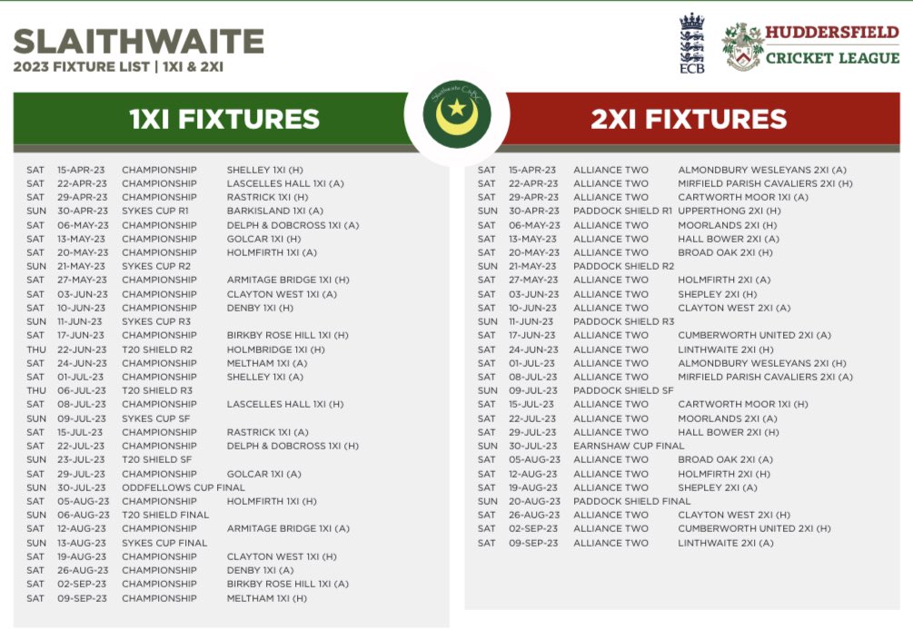 slaithwaitecc's tweet image. 1st XI &amp;amp; 2nd XI fixtures for the upcoming season. With only 20 days to go until the new season starts, we still have lots to do around the ground to make sure we’re ready! Any volunteers willing to help out throughout the weeks leading up to the season would be appreciated.