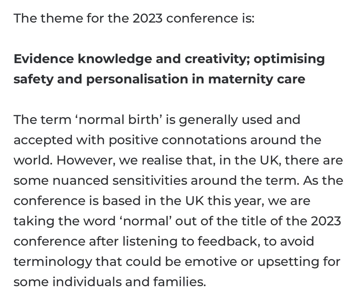 LabourBirthConf's tweet photo. NOTICE
‘As the conference is based in the UK this year, we are taking the word ‘normal’ out of the title of the 2023 conference after listening to feedback, to avoid terminology that could be emotive or upsetting for some individuals and families’.

https://t.co/up1oAr5W5V https://t.co/2xPixcuxR3