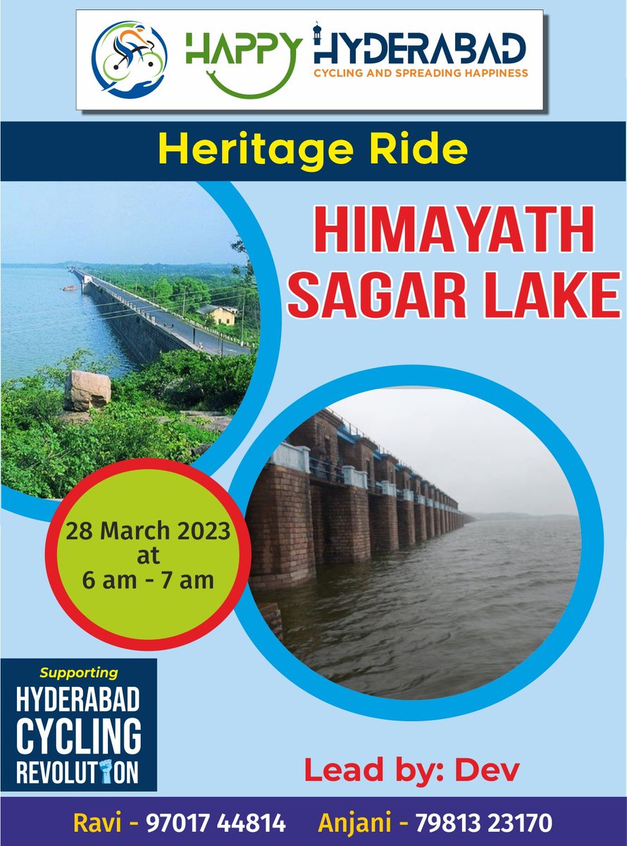#HeritageRide #HimayathSagarLake #happyhyderabadCycling #Happyhyderabad Heritage Ride is organised by Dev Date # 28 March Time # 6 am Himayat Sagar View Point maps.app.goo.gl/EZ4WkTRM3AGX1P… #hyderabadCyclingrevolution @KTRBRS @arvindkumar_ias @jayesh_ranjan @sselvan @HiHyderabad