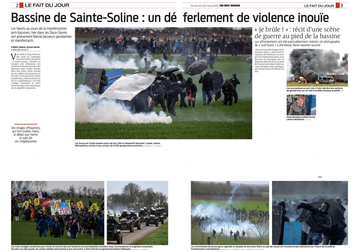T_Mankowski's tweet image. Les collègues de @SO_LaRochelle, @FredZabalza et Xavier Léoty, qui signent ce dimanche cette double page, l'ont réalisée malgré leurs blessures provoquées par l'explosion d'un cocktail molotov et d'un jet de pierre. Leur travail est remarquable et leur engagement inestimable.