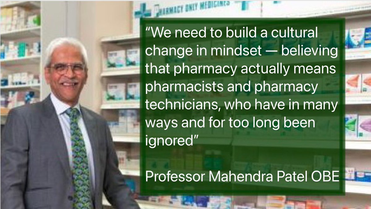 The ever eloquent <a href="/drmahendrapatel/">Prof Mahendra G Patel OBE 🕉</a> - in Fridays <a href="/PharmacyBiz/">Pharmacy Business</a> 

   “We need to build a cultural change  in mindset — believing that pharmacy actually means pharmacists _and_ pharmacy technicians, who have in many ways and for too long been ignored”

pharmacy.biz/exclusive-why-…